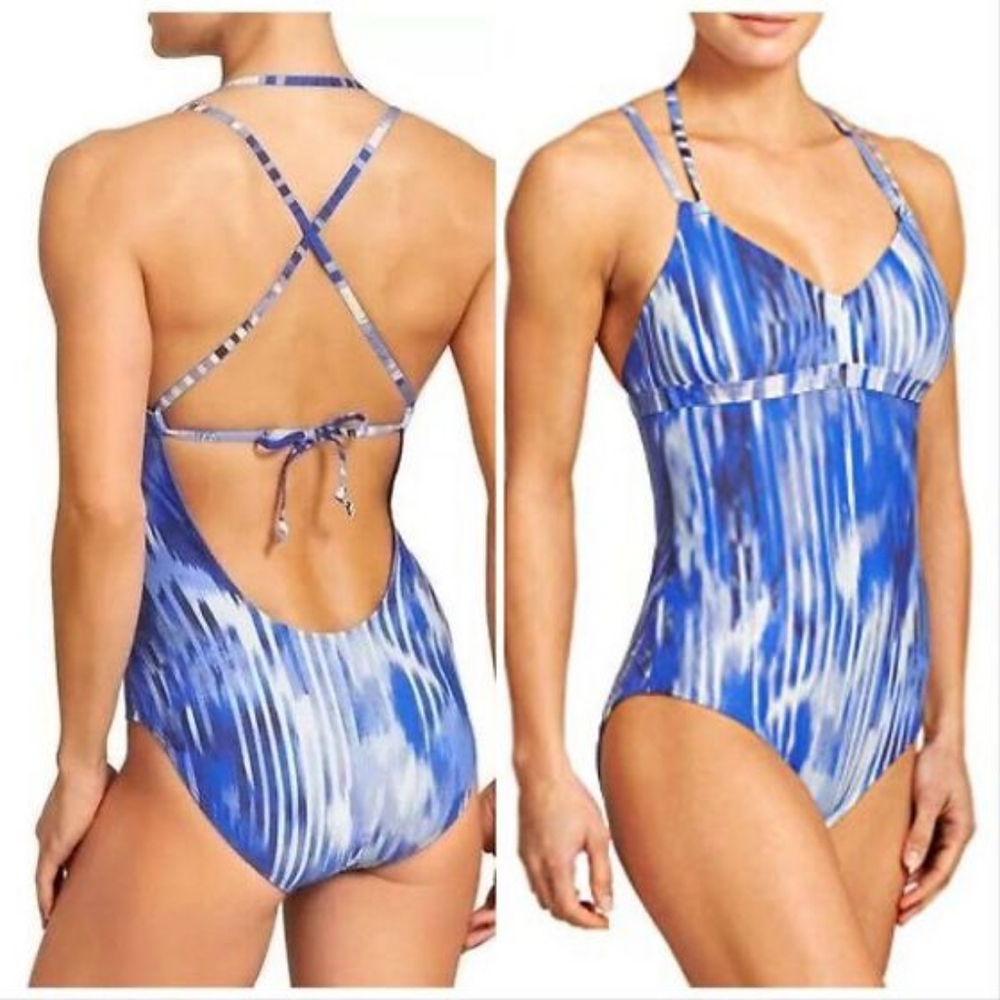 Athleta Swimsuit Wailea One Piece Blue White Print Strappy Back Lined Si…